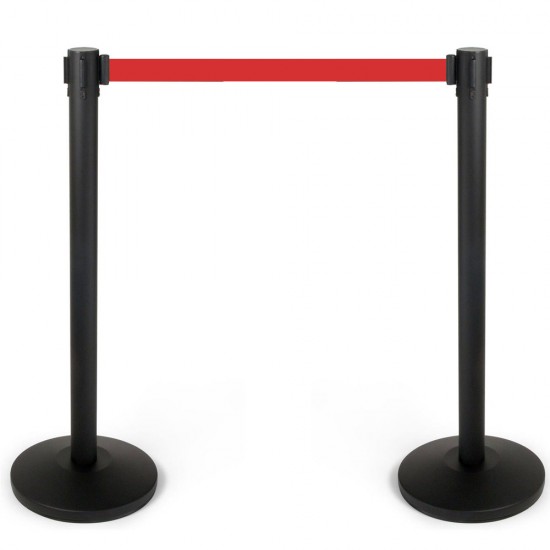 Black queuing barrier post with red belt