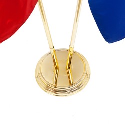 Метална златиста интериорна стойка за две знамена за зала Метална златиста интериорна стойка за две знамена за зала