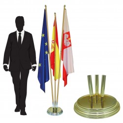 Метална златиста интериорна стойка за три знамена за зала Метална златиста интериорна стойка за три знамена за зала